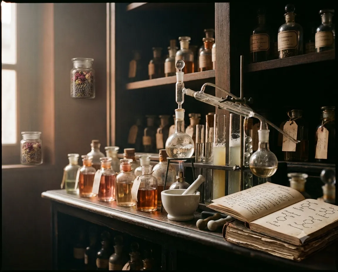 Unlabelled trial perfumes on the shelves of a perfumer's workshop